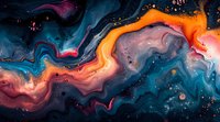 Abstract fluid art with vibrant orange, pink, and blue swirls creating cosmic-like patterns on dark background. Suitable for modern interior design.