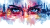 Intense blue eyes overlaid on vibrant watercolor cityscape with skyscrapers silhouettes, combining urban architecture with artistic portrait in pink, blue and yellow tones.