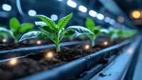 Young green seedling growing in modern hydroponic greenhouse with LED lighting system. Fresh plant sprouting from dark soil in controlled agriculture environment.
