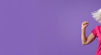 Cropped view of a woman with blonde hair wearing a bright pink shirt against a vibrant purple background, ideal for lifestyle and fashion marketing campaigns.