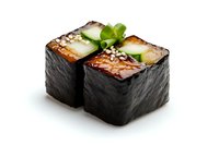 Fresh unagi sushi rolls with eel, cucumber, and sesame seeds wrapped in crisp nori seaweed against white background, traditional Japanese cuisine presentation.