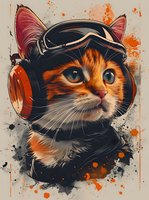 Ginger cat wearing headphones and aviator helmet against orange splatter background, digital art style for gaming or music promotion.