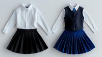 School uniform sets with white shirts and pleated skirts in black and navy blue colors isolated on white background for educational apparel design.