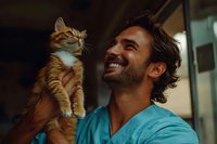 Happy young man holding adorable orange tabby kitten indoors. Joyful pet owner bonding with cute fluffy cat. Warm domestic scene of human-animal friendship.
