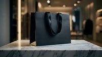 Black luxury shopping bag with handles on marble surface in modern retail store interior with warm lighting.