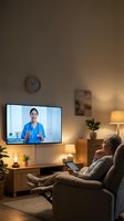 Senior man in casual clothing sitting in comfortable armchair watching video call on television screen with female healthcare professional in blue uniform, warm home interior with wooden furniture, potted plants, table lamps, and clock on wall for telemedicine and remote consultation.