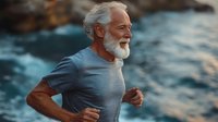 Senior man with gray hair and beard, wearing blue t-shirt, jogging along rocky coastline with ocean waves in background. Active lifestyle and fitness concept.