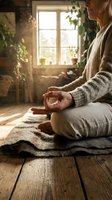 Mature woman of Caucasian ethnicity in meditation pose on wooden floor near sunlit window with potted plants, practicing mindfulness and yoga in serene home environment.