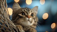 Curious gray tabby cat with big eyes looking up against blurred bokeh lights background, creating magical holiday atmosphere and warm cozy mood.
