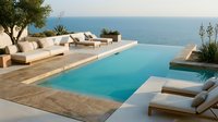Luxury infinity pool overlooking ocean with modern outdoor furniture and Mediterranean landscaping for vacation resort lifestyle relaxation.