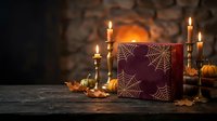 Halloween gift box with spider web pattern surrounded by burning candles and autumn leaves on rustic wooden table with stone fireplace background.