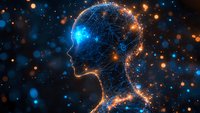Glowing digital profile silhouette with neural network connections on dark background amid blue and orange particles, representing artificial intelligence.