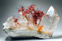 Striking red rutile needles emerging from clear quartz crystal cluster on matrix, displaying natural mineral formation with dramatic contrast and crystalline structure.
