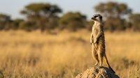 Meerkat standing guard on rock in African savanna landscape with golden grassland and acacia trees in soft morning light for wildlife photography.