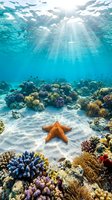 Vibrant underwater coral reef scene with a starfish on white sandy ocean floor, sunbeams piercing clear turquoise water, colorful marine life.