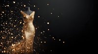 Elegant gold sequin evening gown with magical glitter sparkles dissolving into dark background, fashion luxury dress on mannequin form for special occasions.
