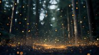 Magical forest scene with glowing golden particles floating in dark misty woods, creating ethereal atmosphere against blurred tree silhouettes at dusk.