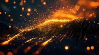 Abstract golden particles flowing in wave formation with glowing orange bokeh effects on dark background, creating dynamic digital landscape.