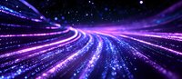 Glowing neon light trails curve through starry space creating dynamic motion effect in purple and blue colors with bright particles and energy streams.