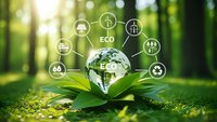 Green earth globe on leaf with eco icons in forest representing environmental sustainability and renewable energy solutions for corporate responsibility.