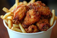 Crispy chicken wings glazed with spicy sauce served in white bowl with golden french fries. Close up view of appetizing comfort food combination.