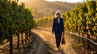 Professional blonde businesswoman walking through vineyard rows during golden hour sunset, wine industry executive in elegant dark suit among grapevines.