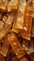 Macro view of golden amber crystal formations with geometric angular shapes and translucent layers creating natural abstract mineral pattern.