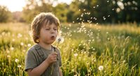 Adorable young boy with curly hair blowing dandelion seeds in sunny meadow during golden hour creating magical childhood moment in nature.
