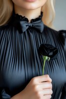 Elegant woman in black pleated blouse with bow collar holds single black rose against dark background, creating mysterious romantic atmosphere.