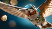 Hummingbird in flight with spread wings against blurred turquoise background with bokeh lights, close-up macro photography showing detailed feathers and beak.