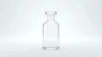 Clear glass vial bottle with rubber stopper isolated on white background for pharmaceutical medical laboratory research and healthcare applications.