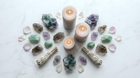 Healing crystals gemstones arranged in sacred geometry circle with burning candles and sage bundles for meditation spiritual wellness energy cleansing ritual.
