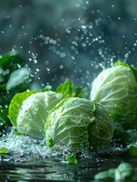 Fresh green cabbage heads with water droplets splashing against dark background, creating bokeh effect for food photography.
