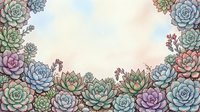 Watercolor succulent frame border with pastel green, blue, and purple rosettes on soft sky background, copy space for text or design.