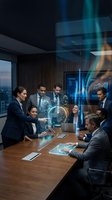 Business team analyzing holographic data projections in modern conference room with futuristic technology interface for corporate presentations.