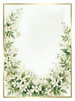 Watercolor floral frame with white jasmine flowers and green leaves, gold border, copy space for wedding invitations and greeting cards.