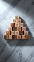 Wooden blocks arranged in pyramid formation with business icons on marble surface representing growth strategy and corporate development concepts.