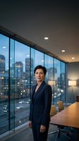 Professional Asian businesswoman in dark suit standing in modern office conference room with city skyline view at dusk for corporate leadership concepts.