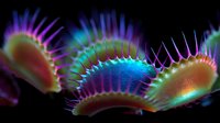 Vibrant Venus flytrap with glowing blue, purple, and green hues against black background, showcasing carnivorous plant's trigger hairs and trapping mechanism in macro detail.