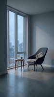 Modern minimalist interior with black armchair and small wooden side table positioned near floor-to-ceiling windows overlooking city skyline, featuring concrete flooring and neutral walls for contemporary home decor.