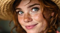 Young Caucasian woman with freckles and blue eyes wearing straw hat smiling at camera. Natural beauty portrait for summer lifestyle and skincare concepts.