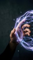 Human hands with glowing purple energy streams flowing between palms against dark background for technology and innovation concepts.