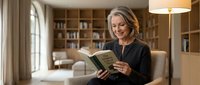 Mature blonde woman reading book in cozy home library with wooden shelves and comfortable seating area for relaxation and learning.