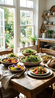 Rustic wooden dining table with fresh salads, vegetables, edible flowers, and artisan bread in a bright sunlit farmhouse kitchen.