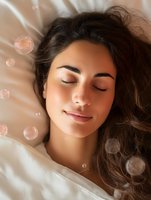 Young Mediterranean woman with closed eyes relaxing on beige silk bedding, surrounded by glowing ethereal orbs creating dreamy atmosphere for wellness concept.