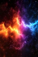 Vibrant cosmic nebula with swirling gas clouds in orange, purple, and blue hues scattered with bright stars across deep space for astronomy content.
