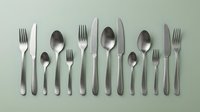 Flatlay arrangement of stainless steel cutlery including forks, knives, and spoons organized in rows on neutral background for dining and tableware design projects.