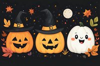 Cheerful Halloween pumpkins with witch hats and cute white ghost pumpkin among autumn leaves on dark starry background with full moon and orange stars.