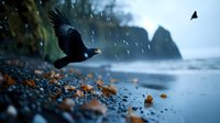Black bird flying low over pebble beach during rainfall with dramatic coastal cliffs in background. Moody seascape with scattered autumn leaves on shore.