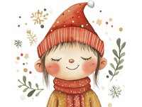 Cute winter character in red hat and scarf with rosy cheeks, surrounded by festive snowflakes and botanical elements on white background.